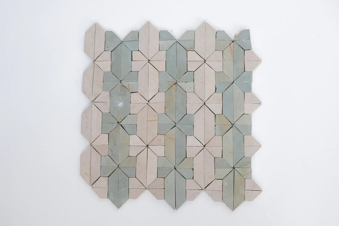 Sage Green & Shadow White Limestone Mosaic Tile - New York Pattern