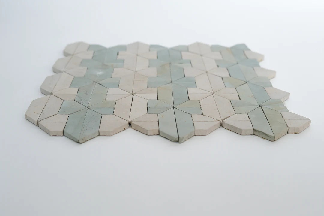 Sage Green & Shadow White Limestone Mosaic Tile - New York Pattern
