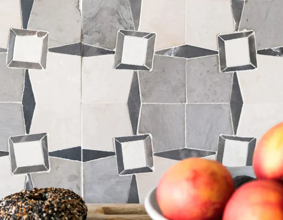Raven Black & Ivory White Monochrome Limestone Mosaic Tile - Parisian Pattern