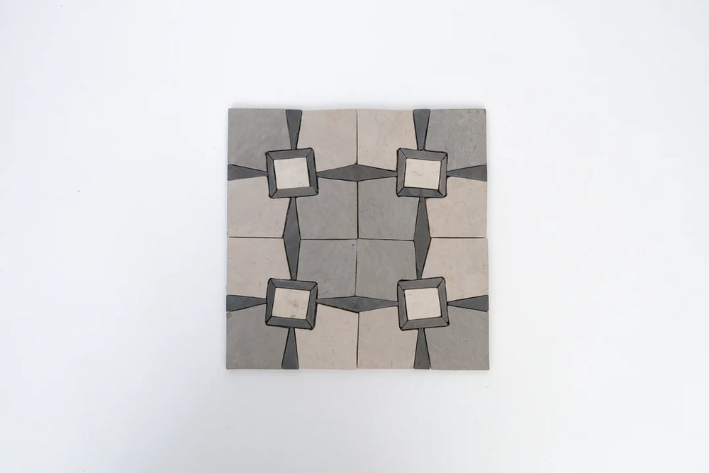 Raven Black & Ivory White Monochrome Limestone Mosaic Tile - Parisian Pattern