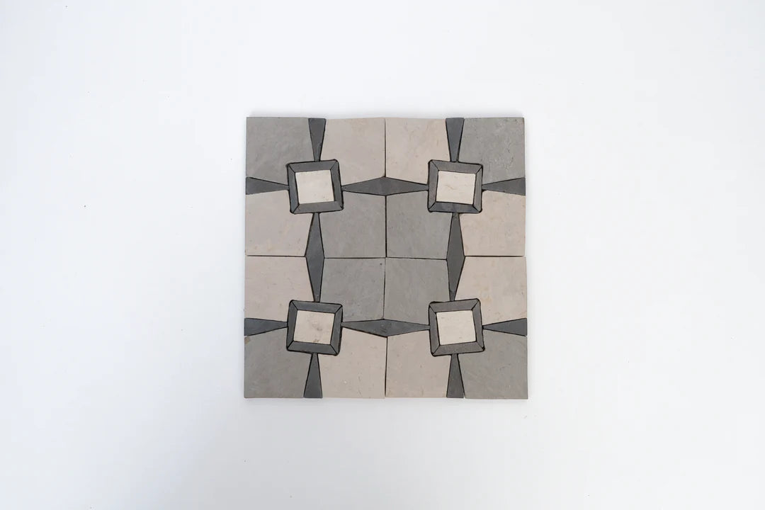 Raven Black & Ivory White Monochrome Limestone Mosaic Tile - Parisian Pattern