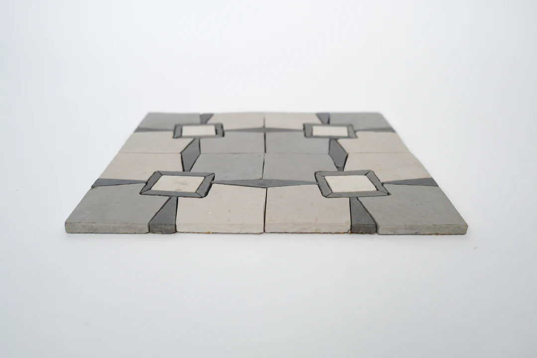Raven Black & Ivory White Monochrome Limestone Mosaic Tile - Parisian Pattern