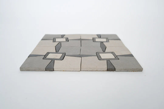 Raven Black & Ivory White Monochrome Limestone Mosaic Tile - Parisian Pattern