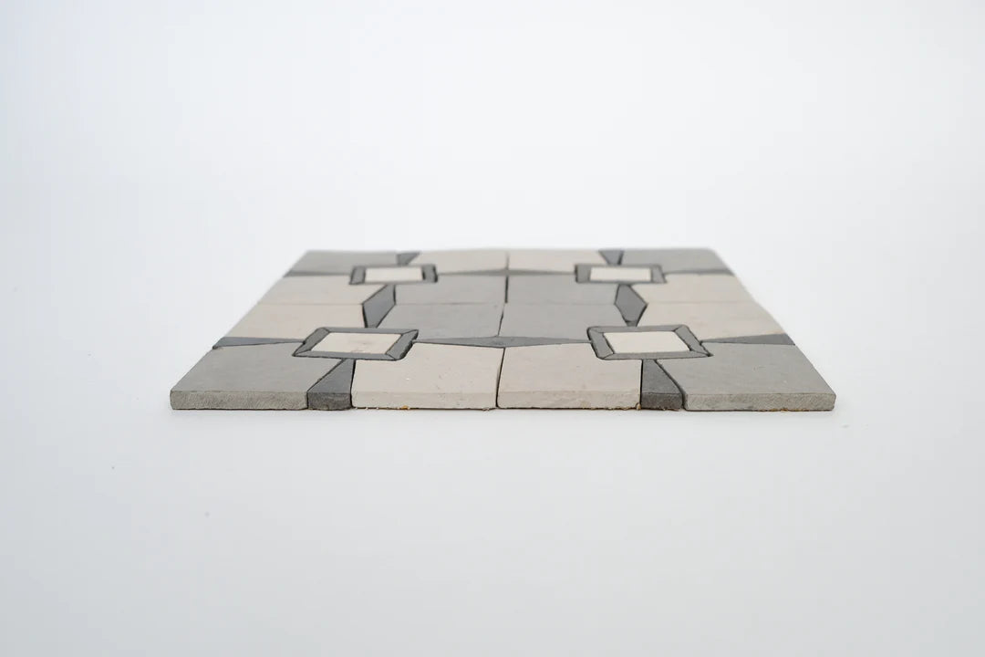Raven Black & Ivory White Monochrome Limestone Mosaic Tile - Parisian Pattern