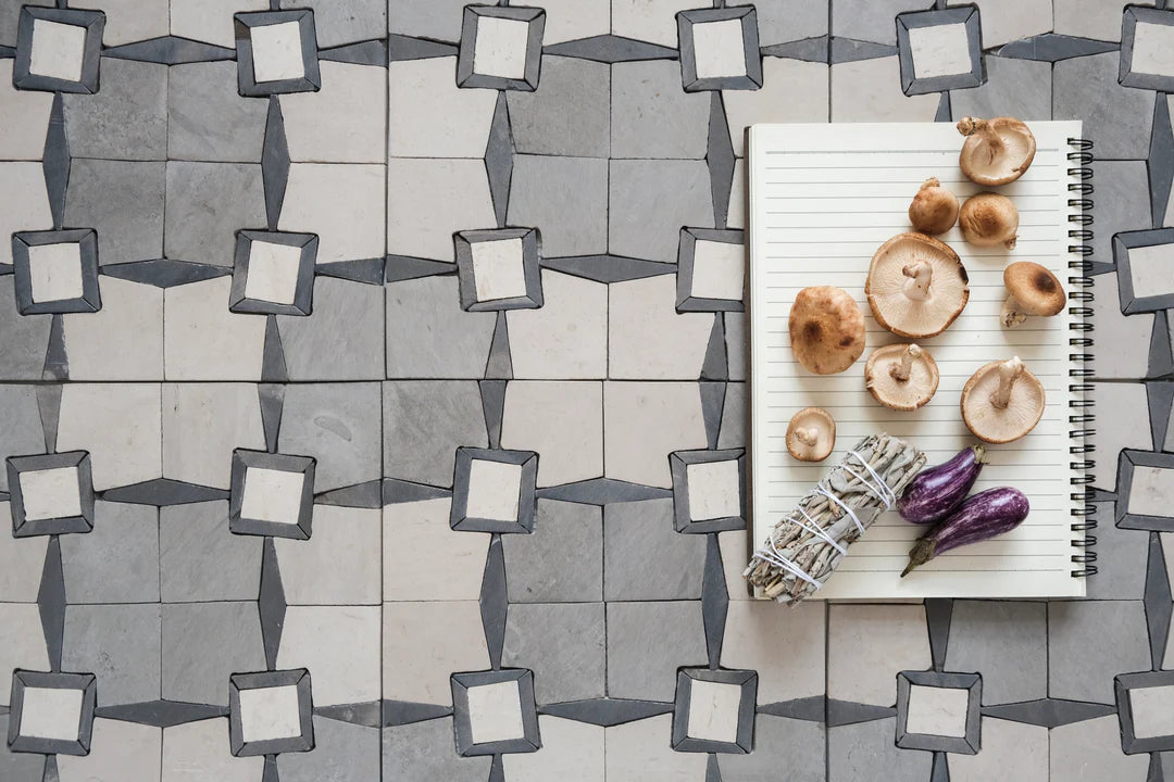 Raven Black & Ivory White Monochrome Limestone Mosaic Tile - Parisian Pattern
