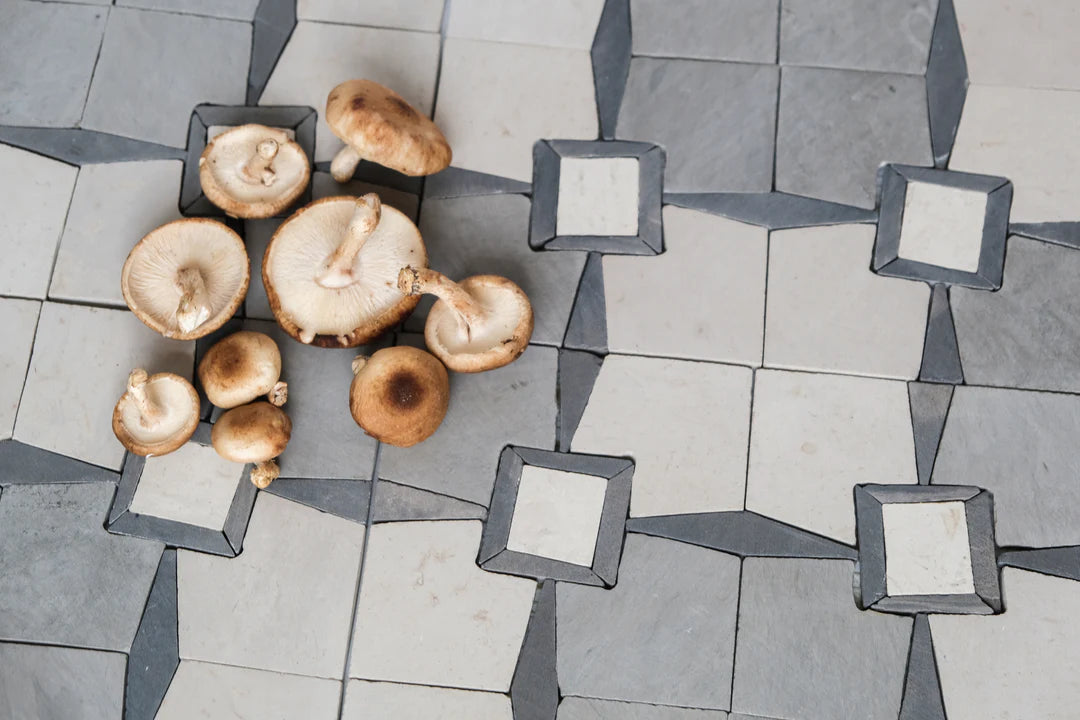 Raven Black & Ivory White Monochrome Limestone Mosaic Tile - Parisian Pattern