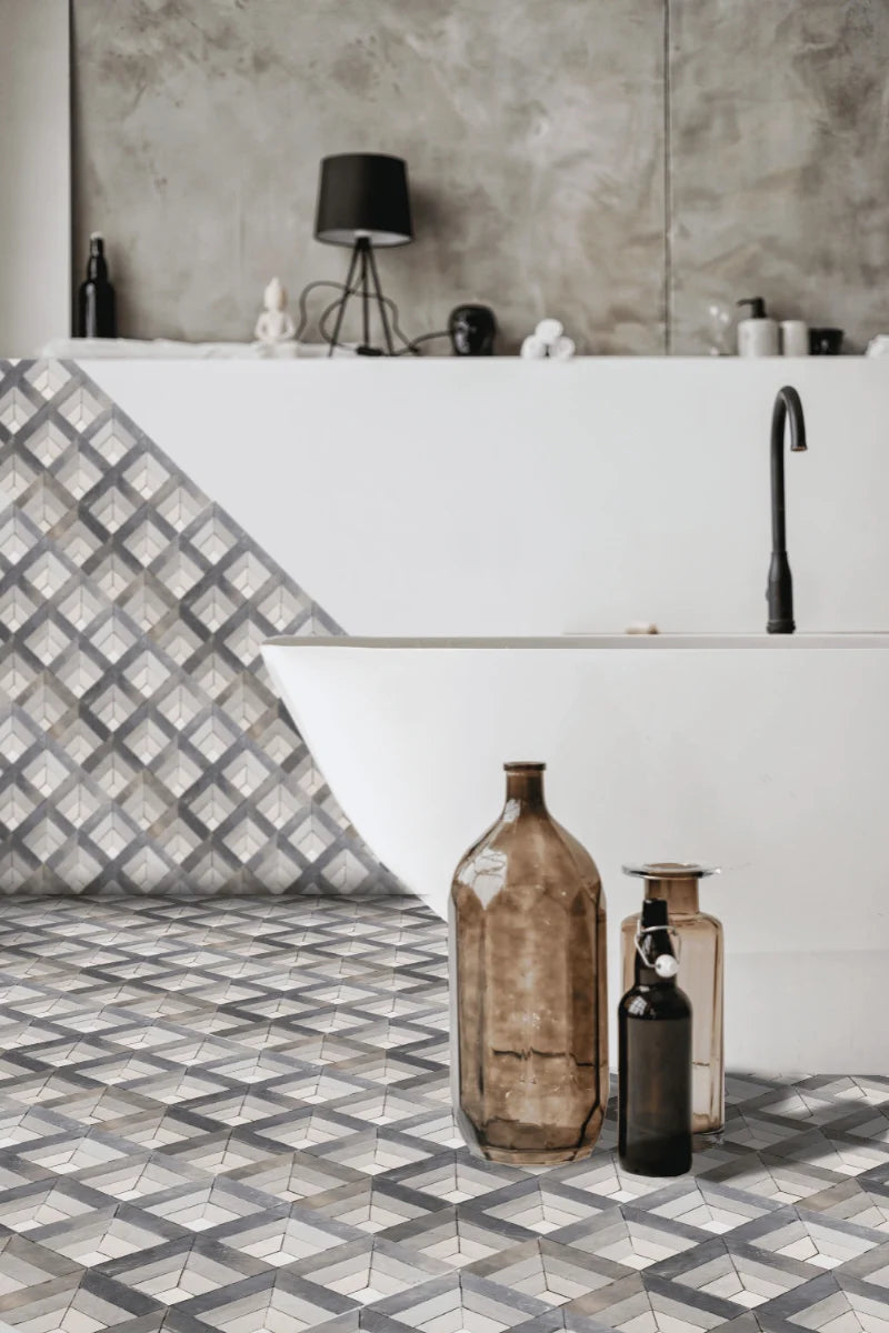 Silver Black & Ivory White Geometric Limestone Mosaic Tile - Toronto Pattern