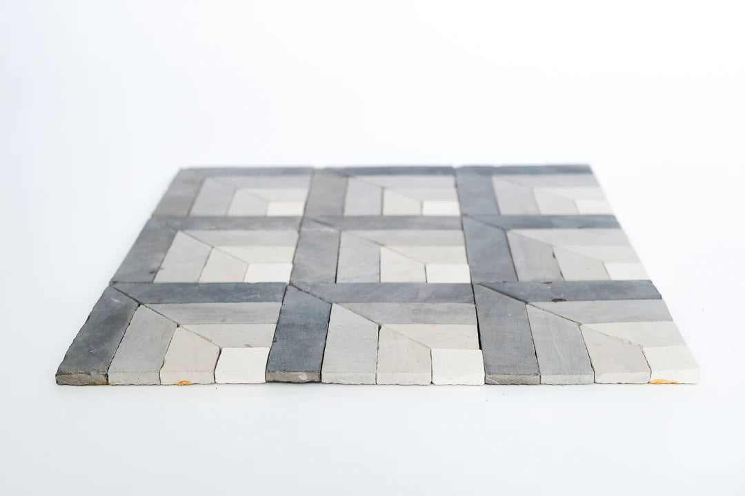 Silver Black & Ivory White Geometric Limestone Mosaic Tile - Toronto Pattern