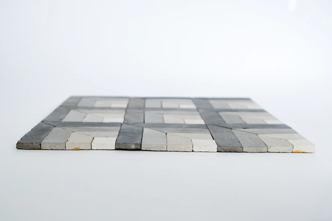 Silver Black & Ivory White Geometric Limestone Mosaic Tile - Toronto Pattern