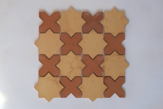 Burnt Cinnamon & Amber Star and Cross Terracotta Mosaic Tile - Checker Pattern