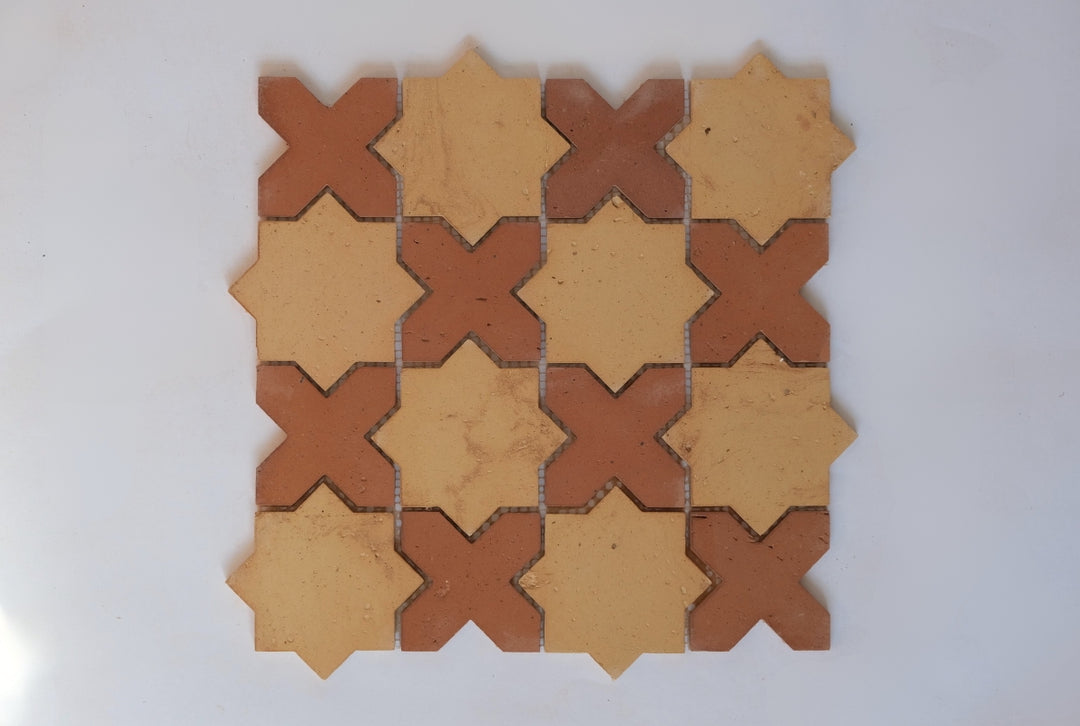Burnt Cinnamon & Amber Star and Cross Terracotta Mosaic Tile - Checker Pattern