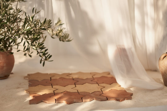 Terracotta tiles arranged in a pattern with a plant and curtain in the background