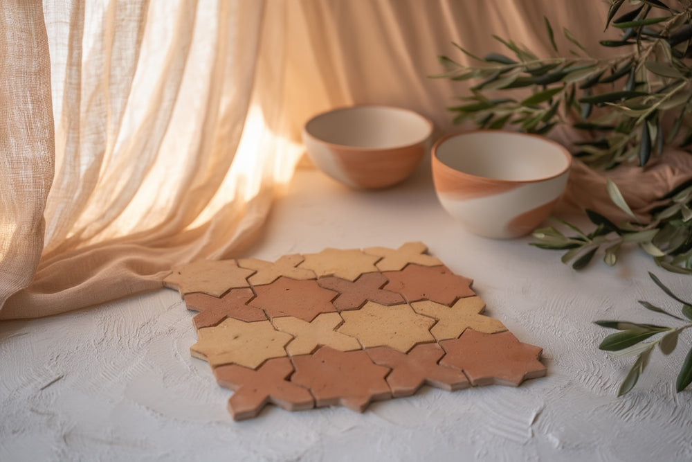 Terracotta tiles with a geometric pattern on a light surface, with bowls and greenery in the background.