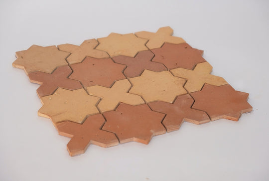 Dark and light terracotta star and crossed mosaic tile with striped pattern 