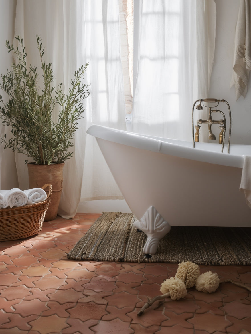 Bathroom with a freestanding bathtub, star-and-cross terracotta tiles, and decorative elements.