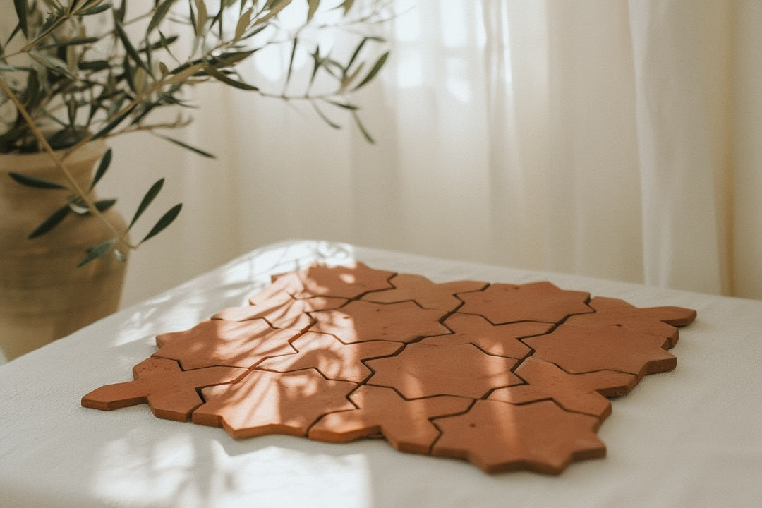 Terracotta tiles in star and cross patterned on a countertop