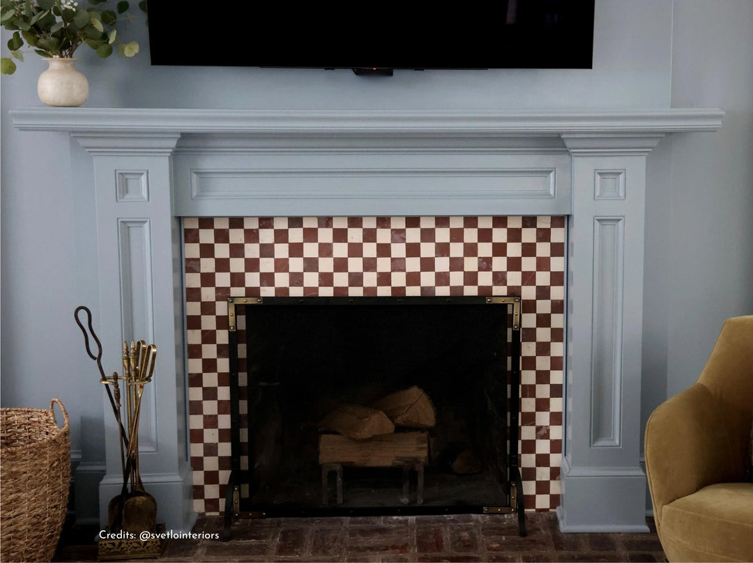 2x2 Burgundy and Ivory White Checkerboard Limestone Mosaic Tile