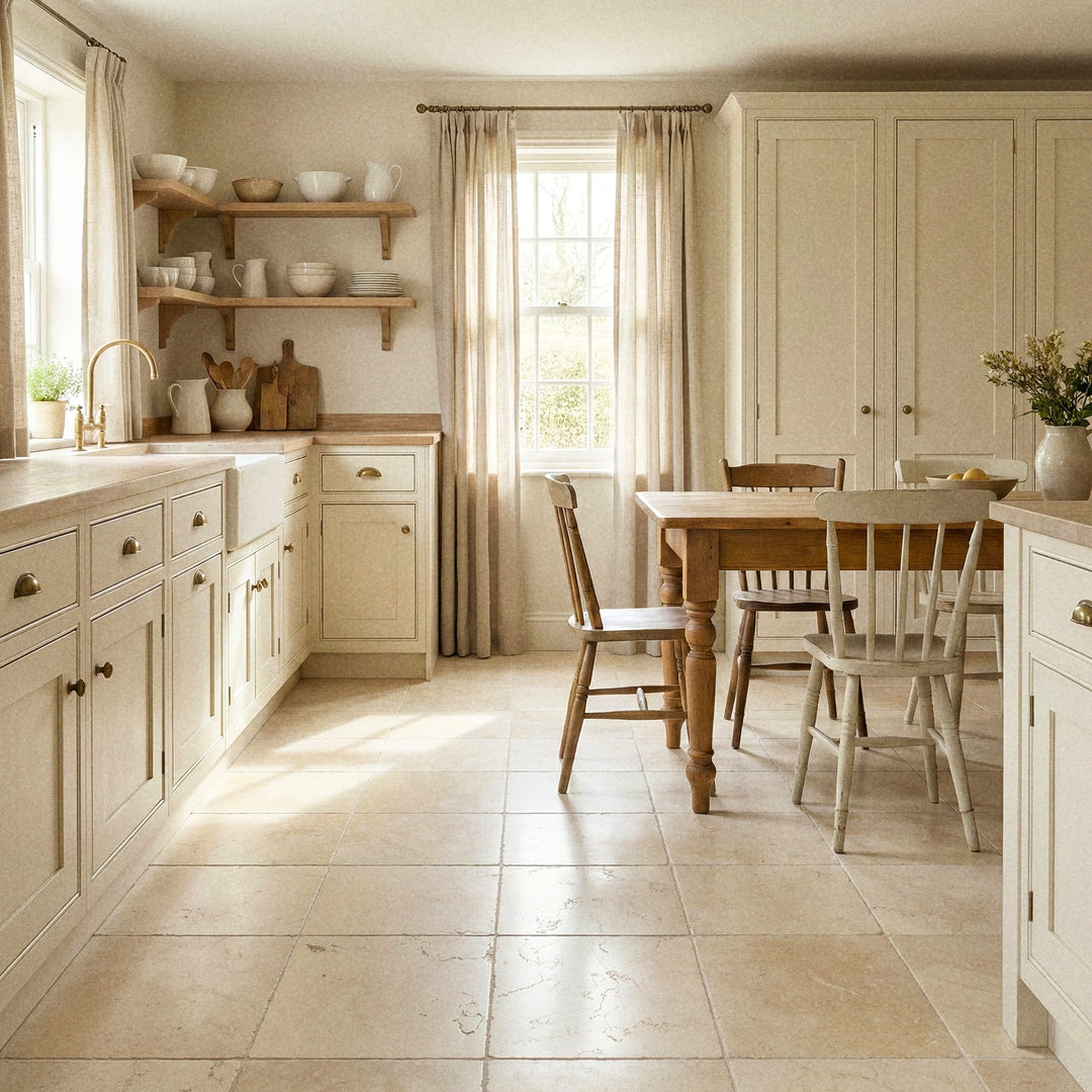 cottagecore kitchen with antique beige marble tile flooring