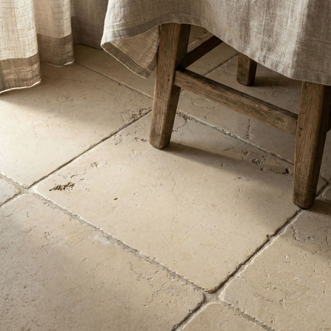 Close-up of a stone floor with a wooden chair and draped fabric.