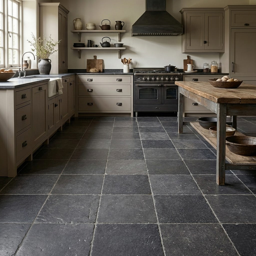 rustic kitchen with dark limestone tiled floor, wooden island, and beige cabinets.