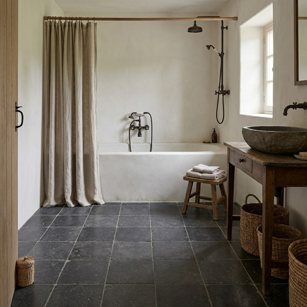 Bathroom with dark tiled floor, white bathtub, and wooden vanity.