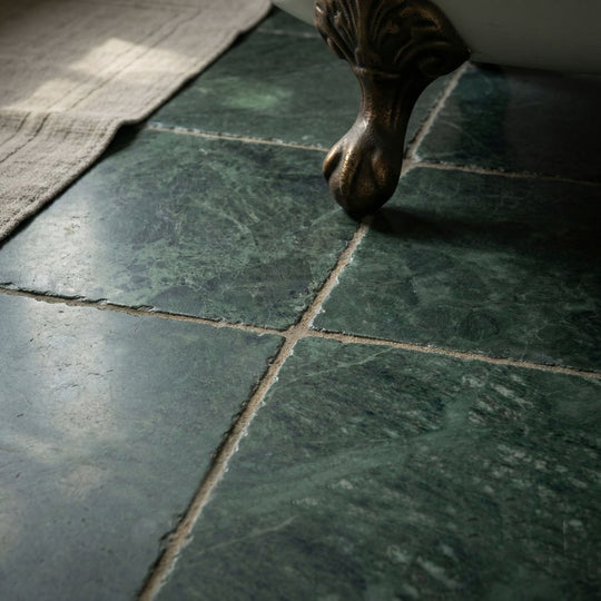 Close-up of a paw on a green tiled floor