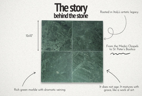 Green marble tile with text about its origin and characteristics