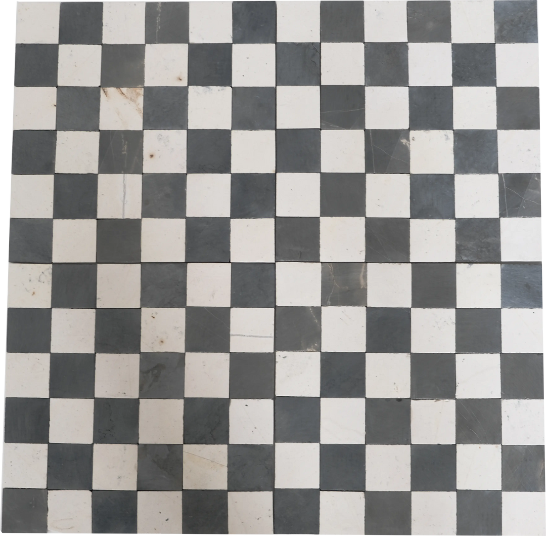 Silver Black and Ivory White Checkerboard Limestone Mosaic Tile
