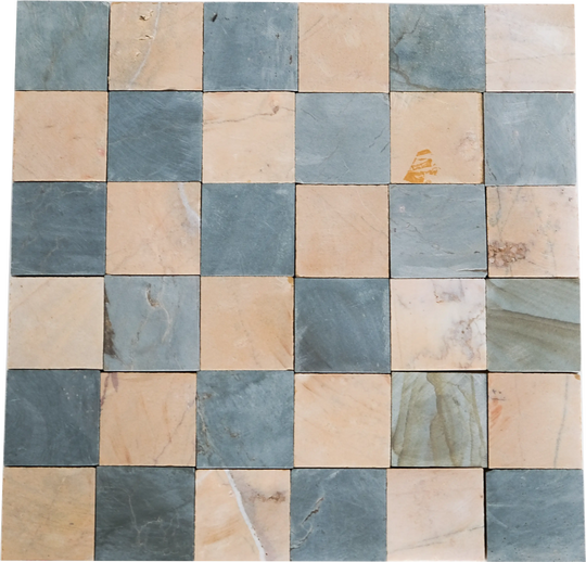 Teal Blue and Hazy Yellow Checkerboard Limestone Mosaic Tile