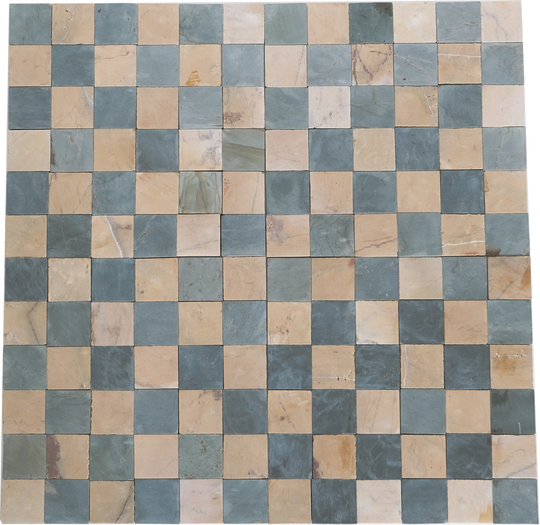 Teal Blue and Hazy Yellow Checkerboard Limestone Mosaic Tile