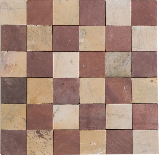 Dusty Rose Pink and Hazy Yellow Checkerboard Limestone Mosaic Tile