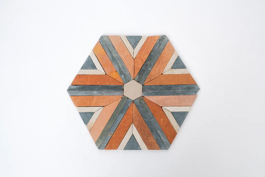 Sunset Orange/Terracotta and Teal Blue Diamond Limestone Mosaic Tile - Barcelona Pattern