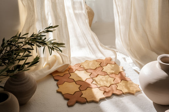 Dark and light terracotta star and crossed mosaic tile in a checkered pattern photoshoot with Mediterannean decors