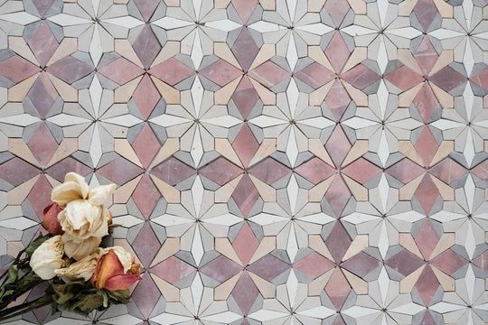 Dusty Rose Pink Flower Limestone Mosaic Tile - Florence Pattern