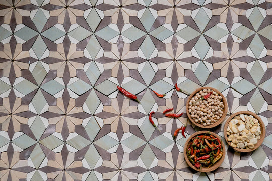 Sage Green & Burgundy Flower Limestone Mosaic Tile - Florence Pattern
