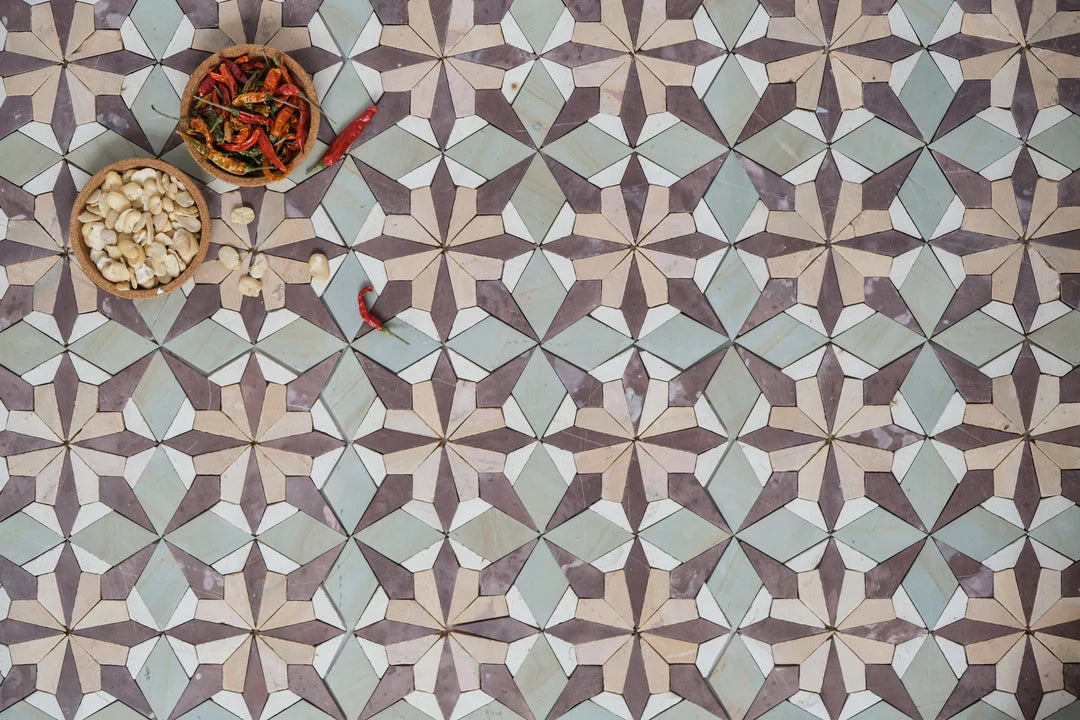 Sage Green & Burgundy Flower Limestone Mosaic Tile - Florence Pattern
