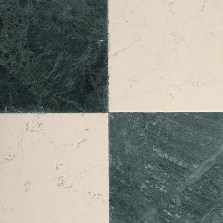 Checkered pattern with alternating dark green and beige tiles