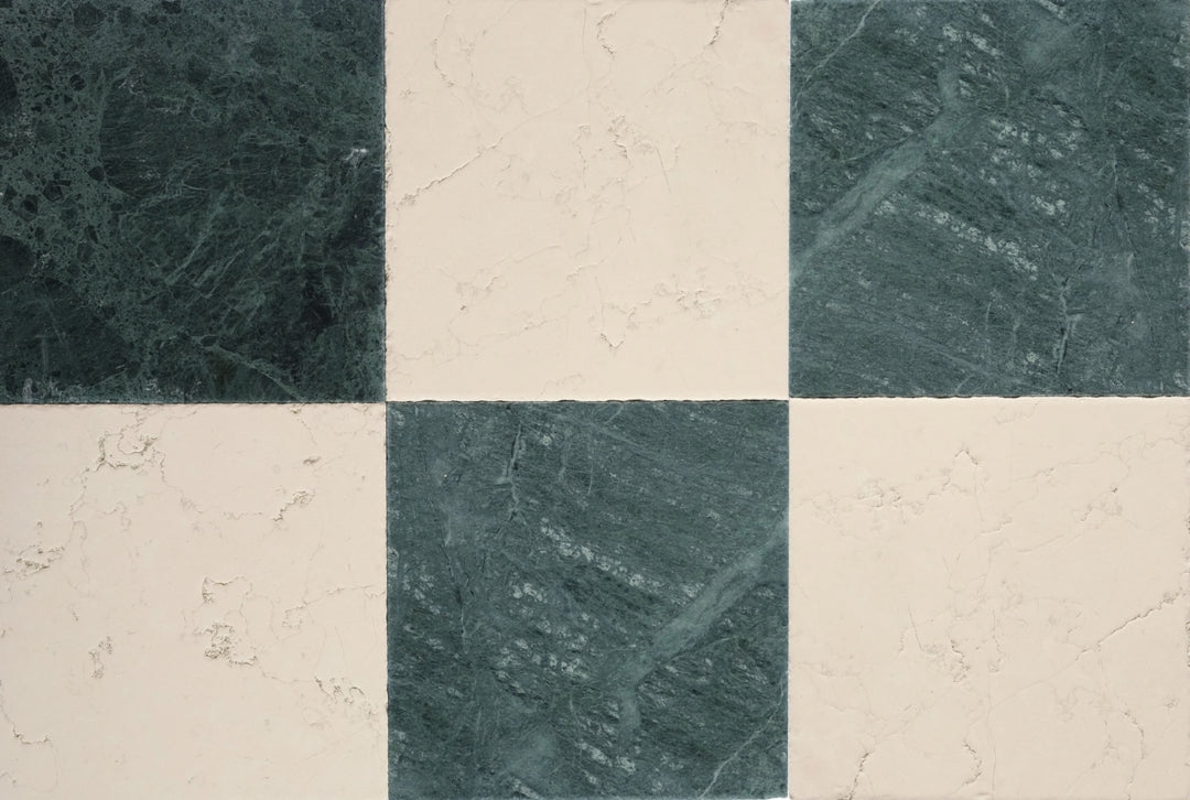 Checkered pattern with alternating dark green and beige tiles