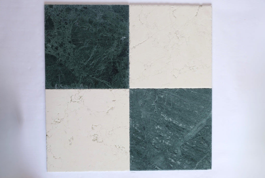 Green and Beige Antique Marble Checkerboard Tile Set – 12x12