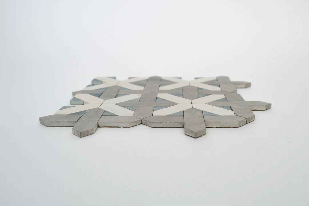 Antique Gray & Ivory White Cross Limestone Mosaic Tile - London Pattern