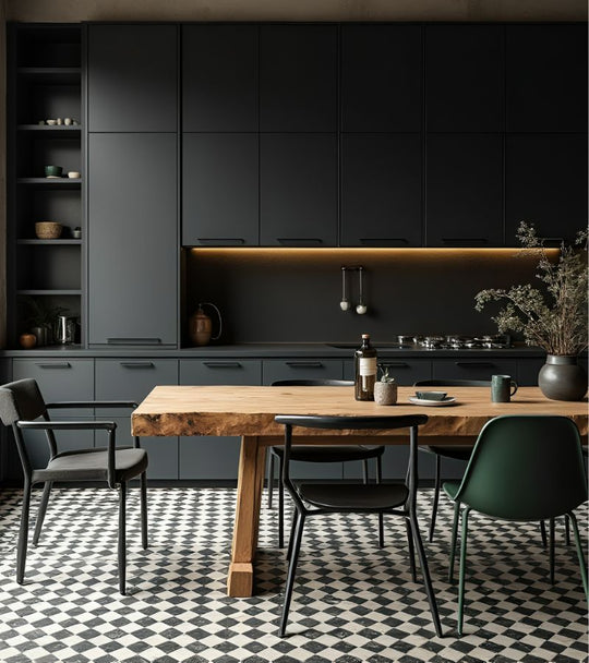 dark modern kitchen with black-and-white checkered floor