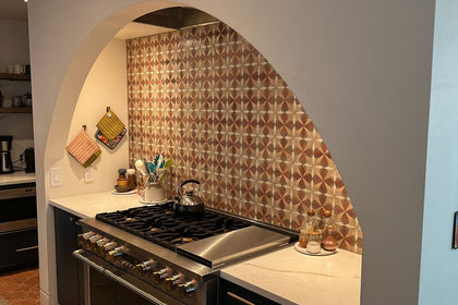 pink floral tile backsplash