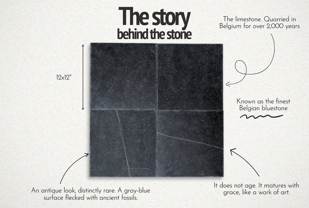 Advertisement for Belgian bluestone tiles with text about the stone's origin and characteristics.