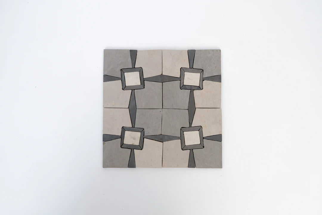 Tile Sample - Black & White Art Deco Limestone Mosaic - Parisian Pattern