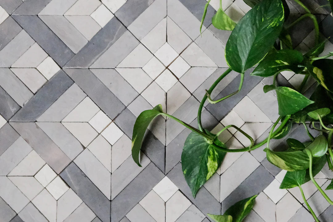 Silver Black & Ivory White Geometric Limestone Mosaic Tile - Toronto Pattern